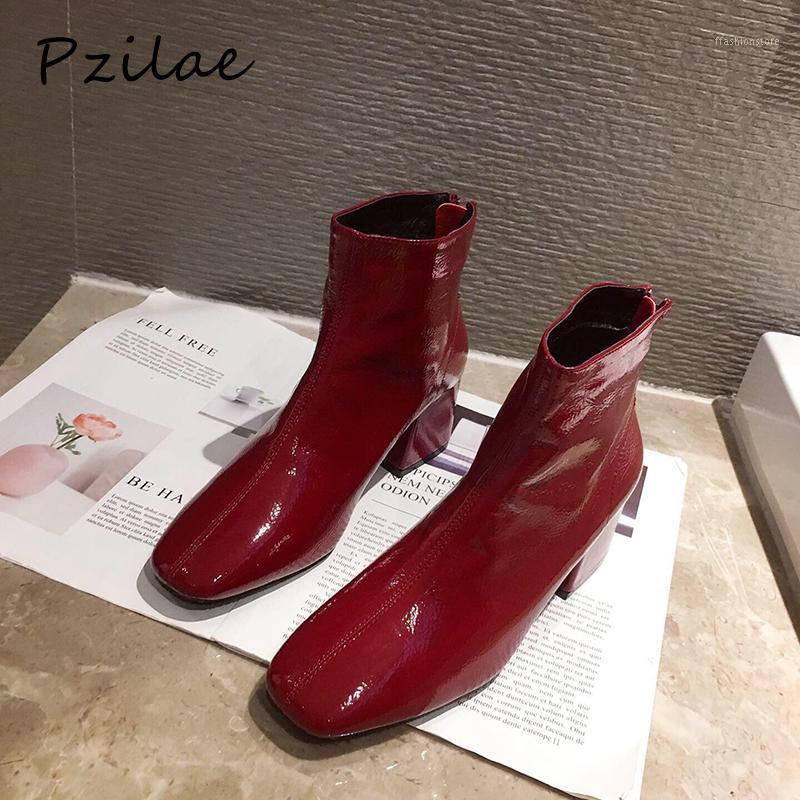 

Pzilae Women square toe ankle boots patent leather autumn zipper ladies boots female square heels retro shoes woman footwear1, Black