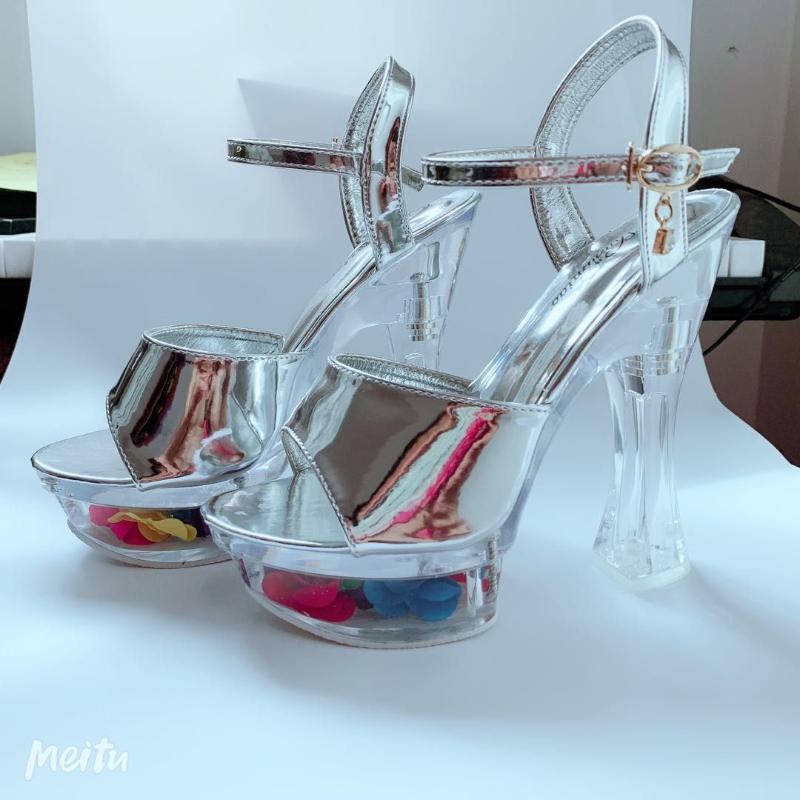

Crystal Clear Thick Heel Women Sandals Ankle Strap Sexy Open Toe Lady Pumps Shoes Summer Transparent Platform Flower High Heels, Silver color flowers