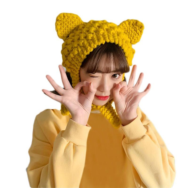 

2020 Women Cute Cat Ears Knit Beanie Hat Solid Color Chunky Crochet Warm Earflap Cap