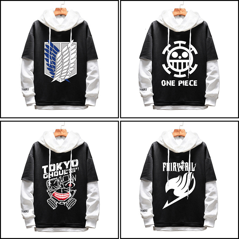 

2021 New Anime One Attack on Titan Hoodies Naruto Sao Sportswear Sweatshirts Top Fake Two Piece Cosplay Costume Coat Hoodie 1pqc, One piece-1