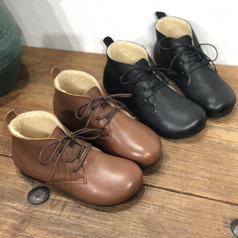 

6066-22 Genuine Leather Cotton-Padded Shoes Sheep Mixed Velvet round Toe Flat Heel Warm Lace-up Cow Leather Fur Women's Boots1, Black velvet linning