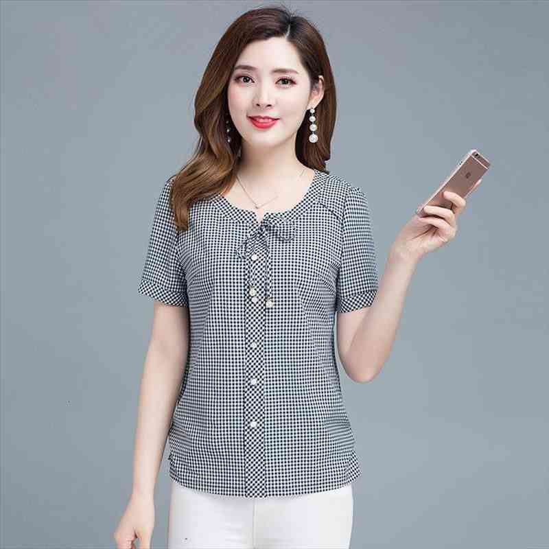

Women Spring Summer Style Chiffon Blouses Lady Casual Striped Peter Pan Collar Short Sleeve Blusas Tops Df2642, White