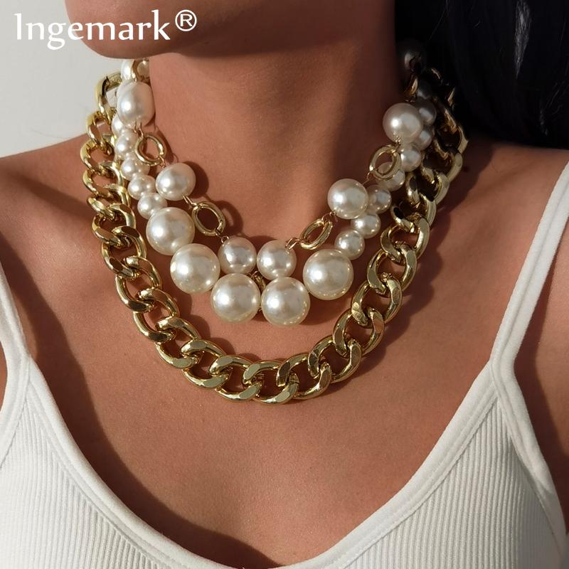 

Exaggerated Cuban Curb Pearl Chain Necklace Multilayer Hip Hop Big Beaded Chunky Thick Aluminum Choker Necklaces Women Jewelry