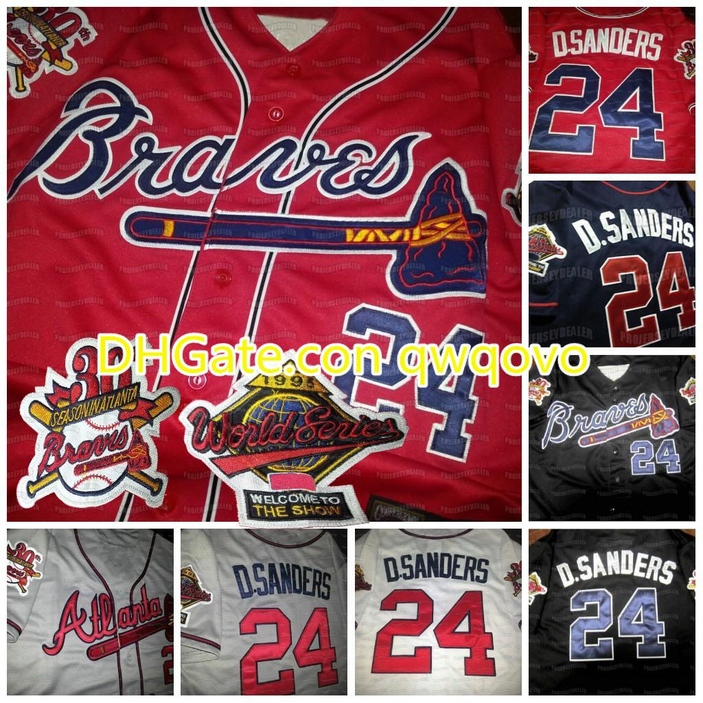 

24 DEION SANDERS DUAL PATCH Altanta 1995 Wrold Series Custom Baseball Jersey Black Red White Grey, Blue;black