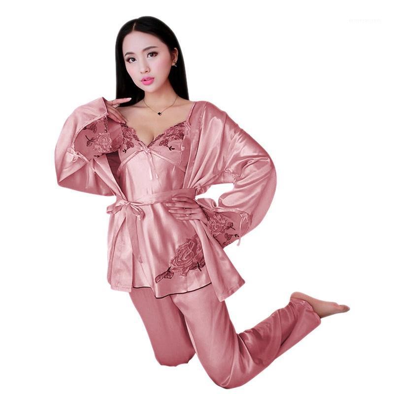 

Women Autumn Satin Home Wear Lace 3-Pieces Pajamas Sets Sexy Sleep Wear Pink One Size1