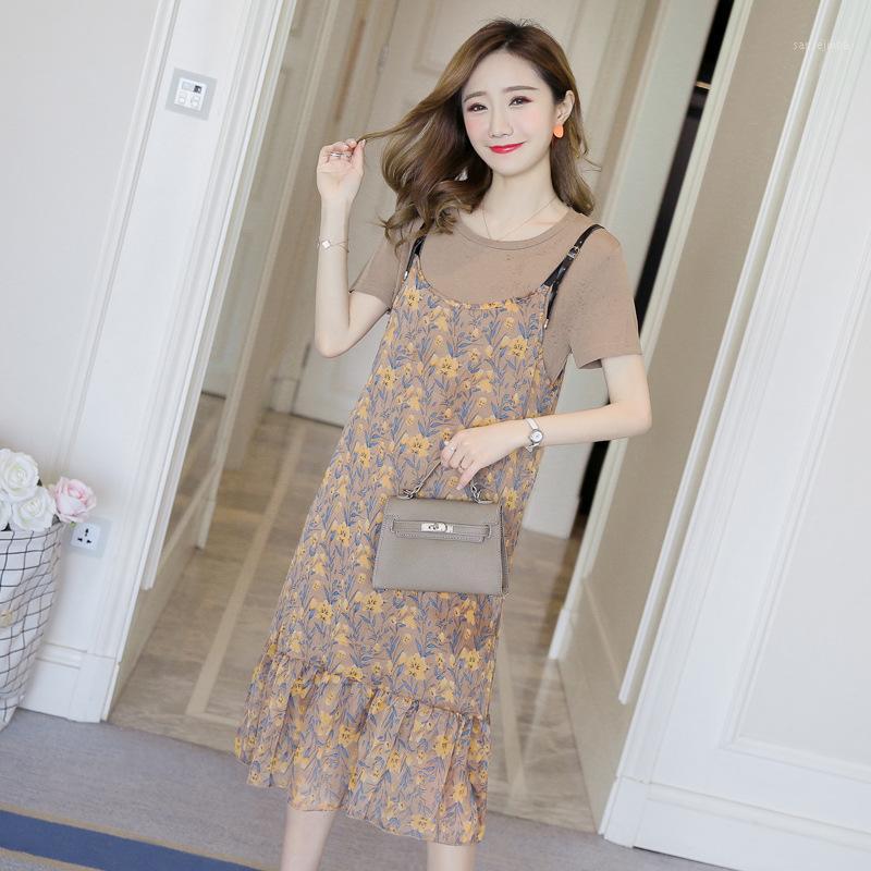 

Pregnant Women Installed 2020 Summer New Style Fashion Floral Strapped Dress + Solid Color T-shirt Pregnant Women), Two Piece Se1, Khaki