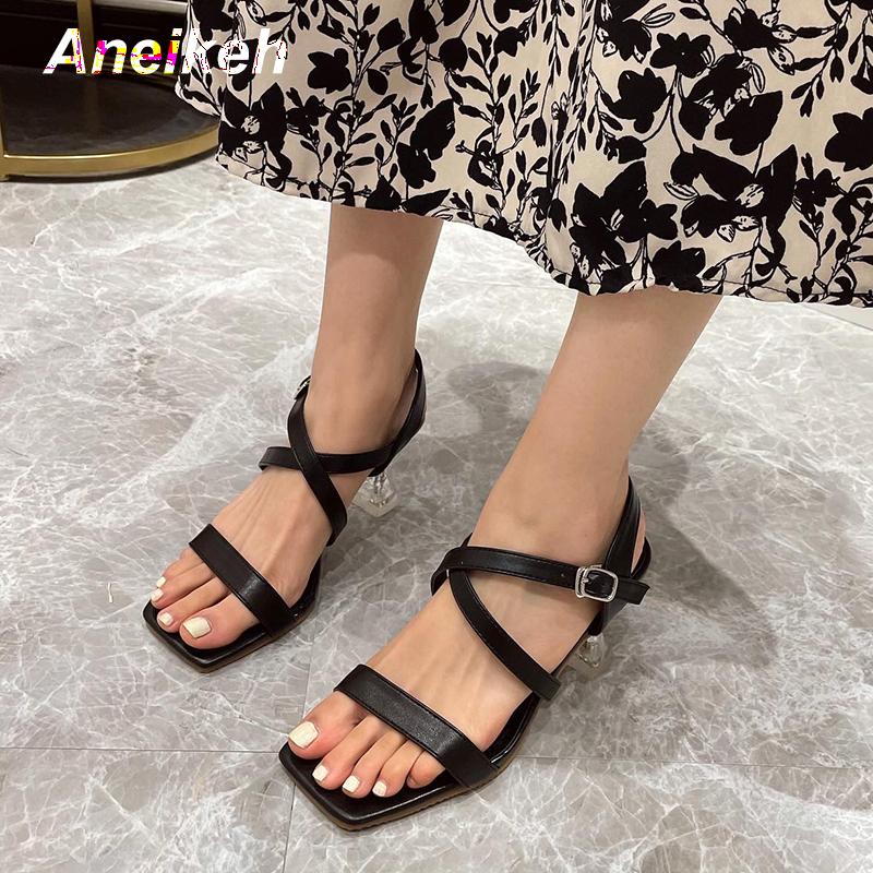 

Aneikeh Women's 2021 New Summer PU Square Toe Ankle Strap Shallow Concise Office & Career Open Solid Black Rice white Size35-39
