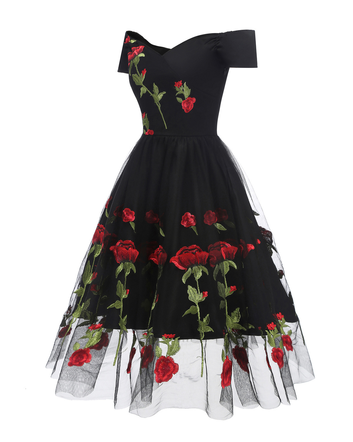 

New Arrival Pink Flower Embroidered Elegant Neck Plied Mesh Floral Overlay White Dress Women' Vintage Dresses Ad0f, Black.