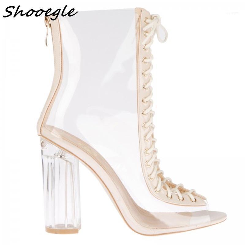 

SHOOEGLE Celebrity Style Clear Jelly Boots Perspex Heels Peep Toe Boots For Women Lace-up Ankle High Heeled Womens Booties1, 11cm heel