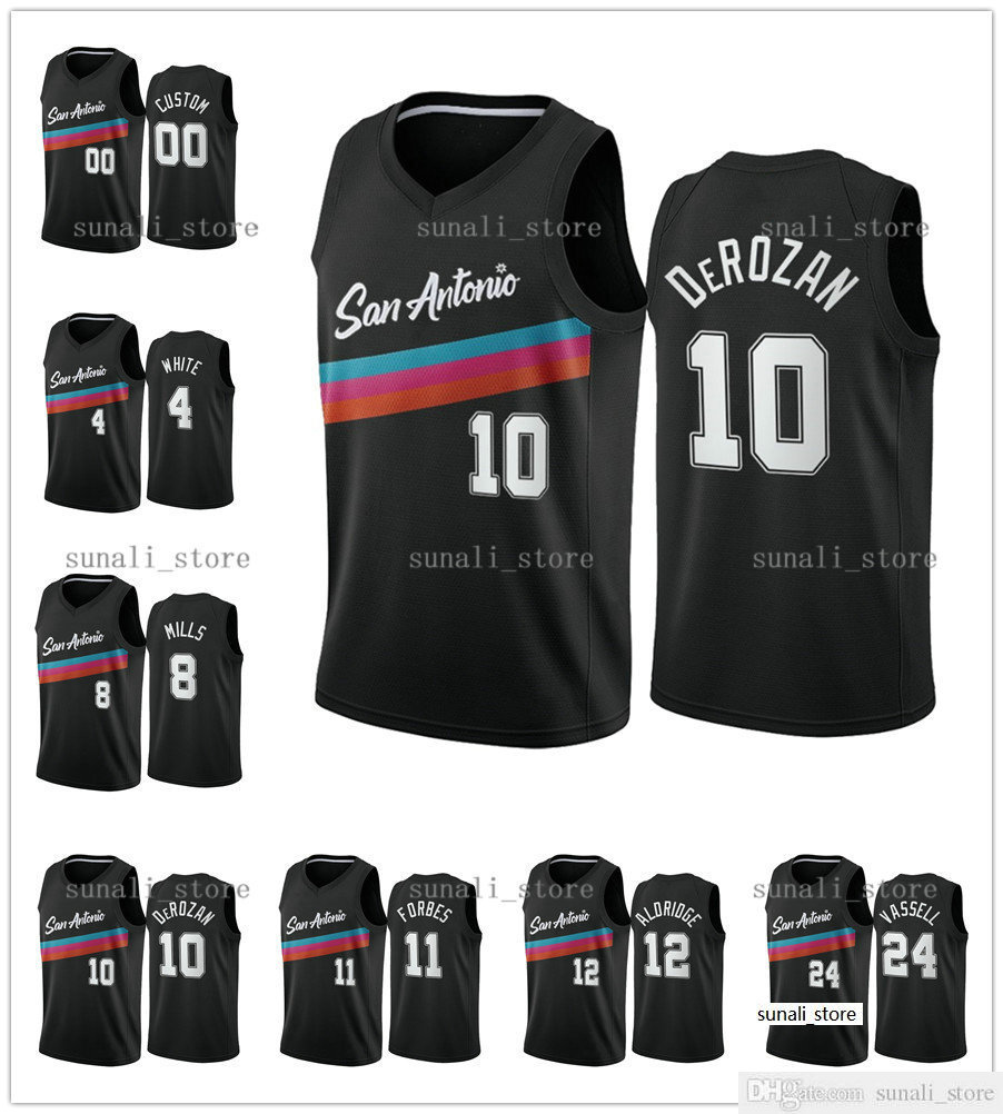 

2020-21 New City Black DeMar 10 DeRozan LaMarcus 12 Aldridge Bryn 11 Forbes Derrick 4 White Patty 8 Mills Devin Vassell Jersey Edition, Customize (tell me name and number)