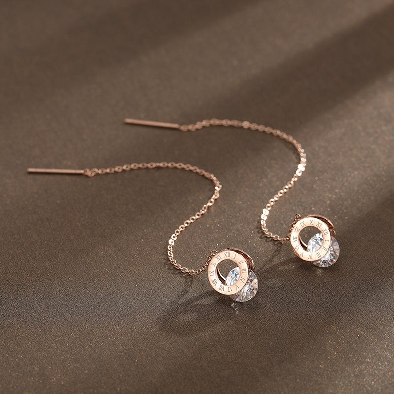 

Stud Fashion Double Side Zircon Earrings Slim Tassel Titanium Steel Women Stainless, Golden;silver