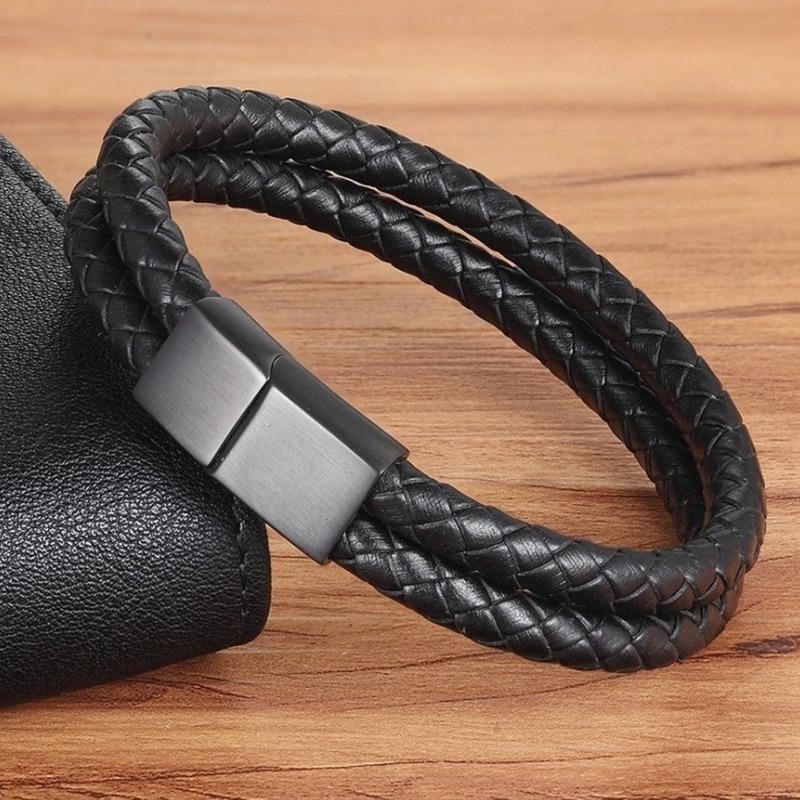 

Genuine Leather Bracelet Double Layer Black Bangle for Female Unisex Accessories Jewelry for Birthday Gift