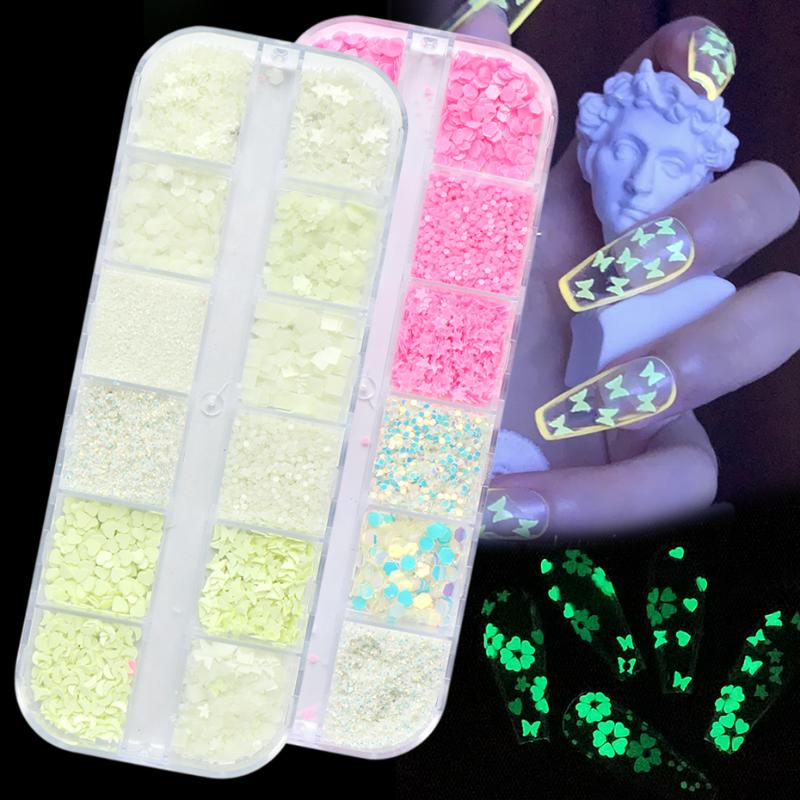 

12Grids Luminous Nails Glitter Sequins 3D Butterfly Heart Star Design Fluorescent Glow Shines In Dark Manicure Neon Flake LE1861