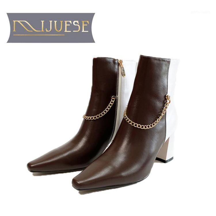 

MLJUESE 2021 women Ankle boots Cow leather Winter short plush Square Toe Chain High heels female boots size 401, Brown