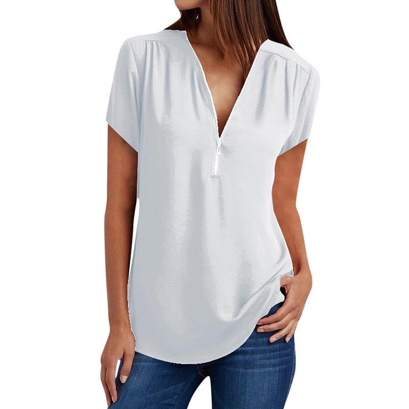 

Woman Summer Zipper Chiffon Shirts New Fashion Casual Loose Blouse Female Solid Color V-Neck Short Sleeve Tops Plus Size -5XL, White