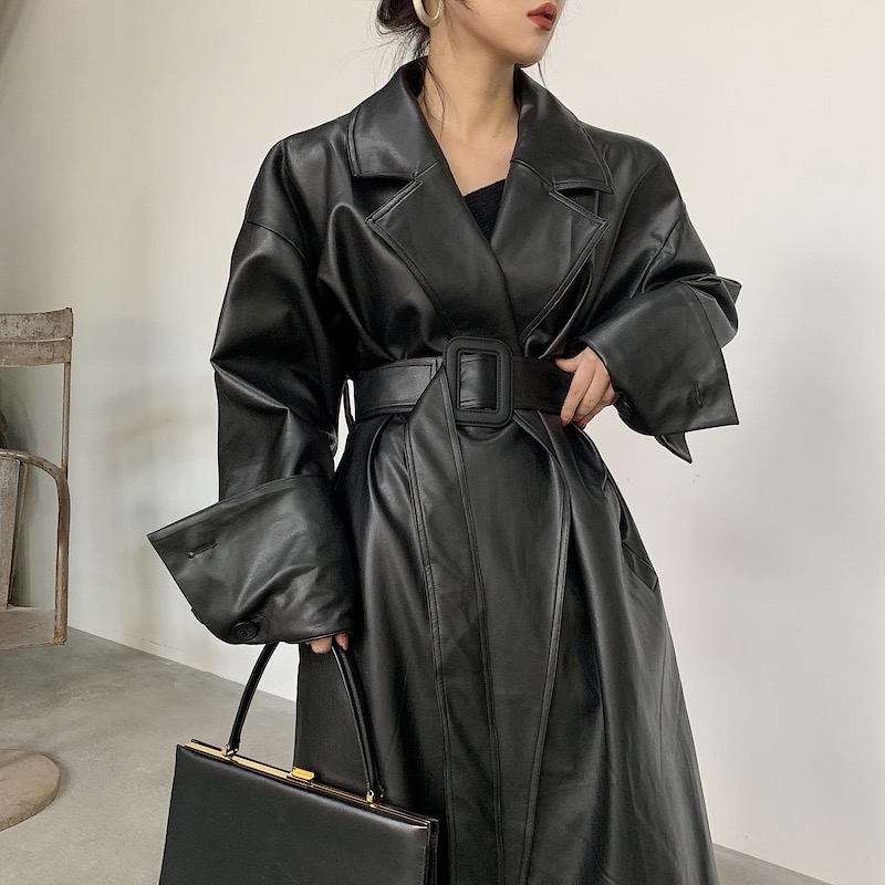 

Lautaro Long oversized leather trench coat for women long sleeve lapel loose fit Fall Stylish bla women clothing streetwear, Black