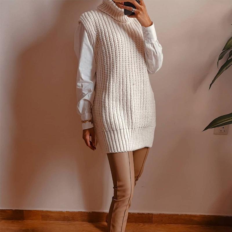 

Harajuku Sleeveless Knitted Sweater Vest Winter Clothes Women Y2k Tops Vintage Turtleneck Long Oversized Sweater Pullover Jumper, Beige