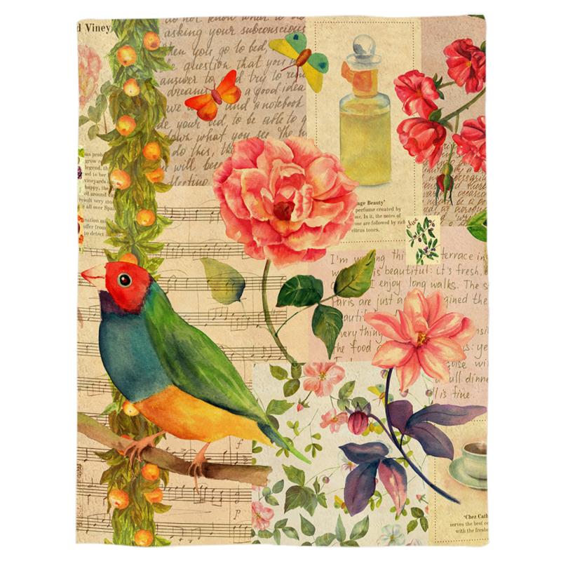 

Vintage Newspaper Flower Bird Throw Blanket Portable Soft Bedspread Microfiber Flannel Blankets for Beds