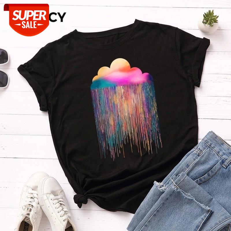 

JFUNCY Plus Size Summer T Shirt Women Colorful Rain Cloud T-Shirt Short Sleeve Cotton Woman Shirts Girl Tee Tops Female Tshirt #PD3F, White