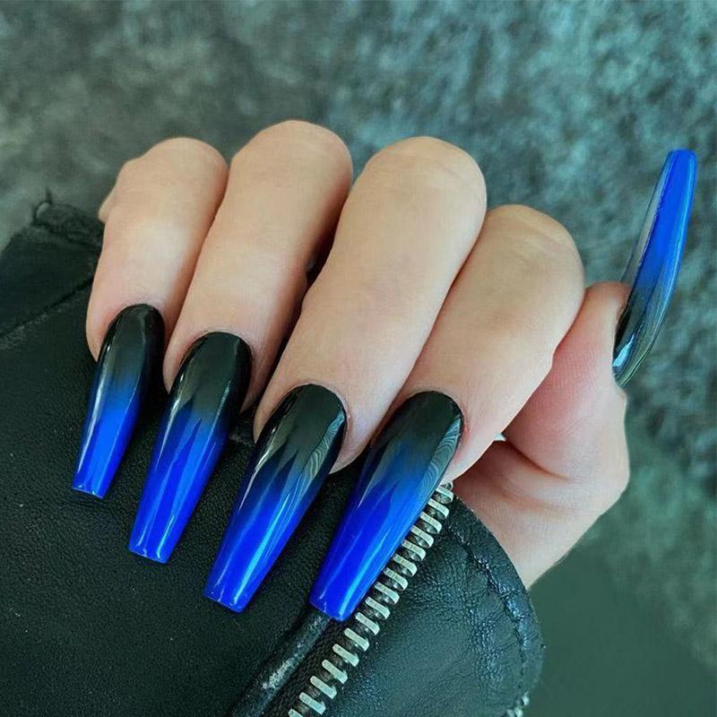 

24pcs/box press on nails long coffin Black and blue Ballet wear wear removable Manicure patch False nails extension forms, As show
