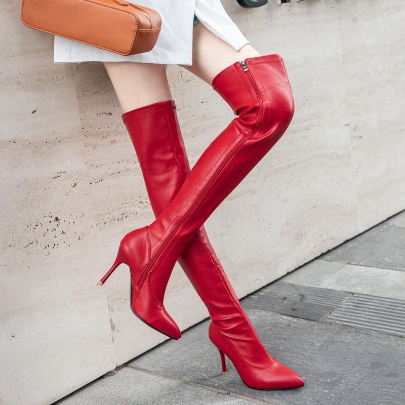 

Women Thigh High Long Boots Sexy New 2020 Autumn Winter Pointed Toe Super High Heels Zipper Over The Knee Boots Red Plus Size 45, Black