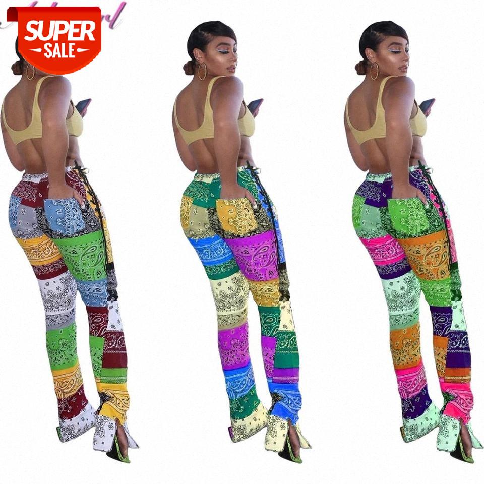 

Casual Bandanna Print Women Lace Up Side Slit Stacked Wide Leg Pants Leggings High Waist Flare Bell Bottom Trousers Sweatpants #AM8H, Black;white