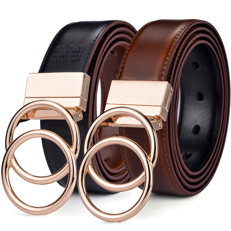

Beltox Women Reversible Leather Belt 2 in 1 Rotated 2 Rings Gold Buckle 3.4cm Wide 201117, Black