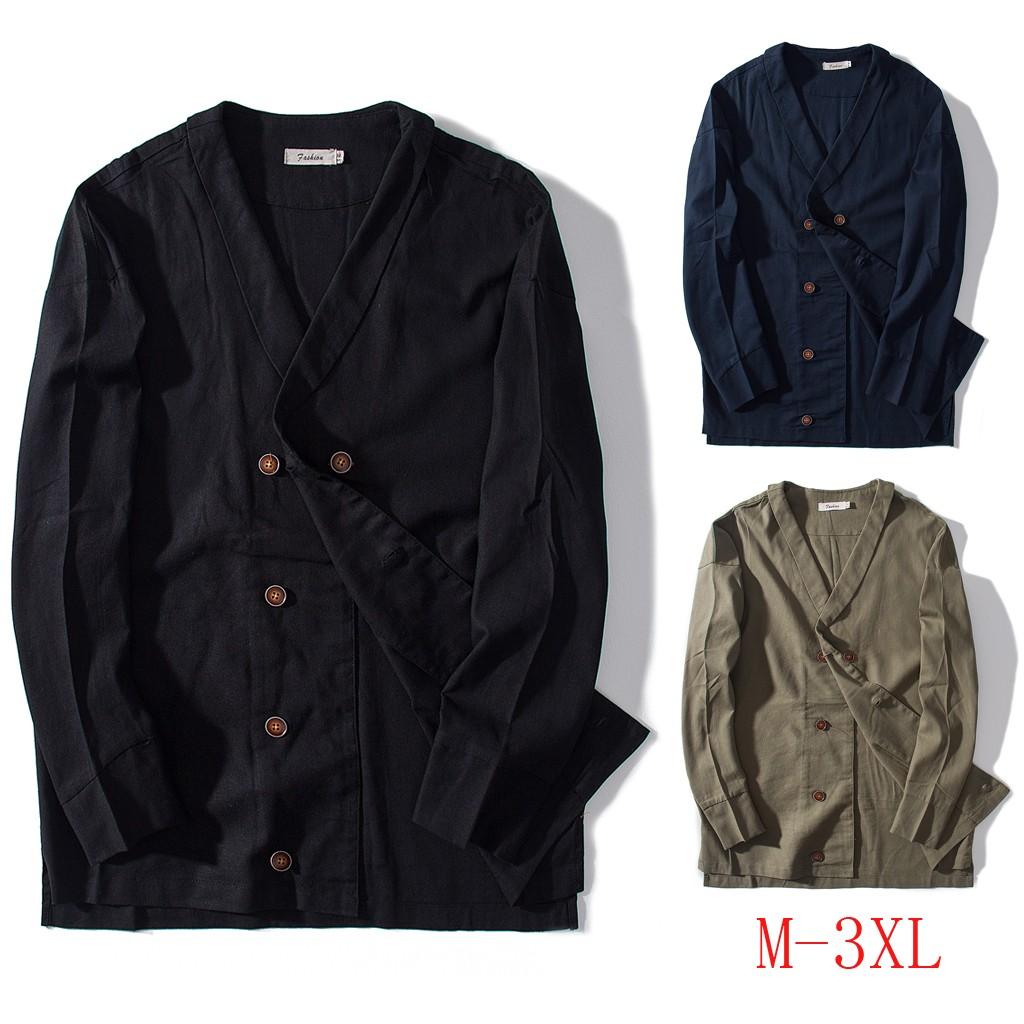 

Nice High Quality Jackets Fashion Men's Cotton Linen Solid Long Sleeve Shirt Button Top Blouse Coat Men Jacket Jaqueta Masculina, Black