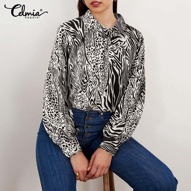 

Celmia Fashion Zebra Pattern Satin Shirts Women Casual Long Sleeve Blouses 2020 Autumn Lapel Tunic Tops Office Blusas Femininas, Blue