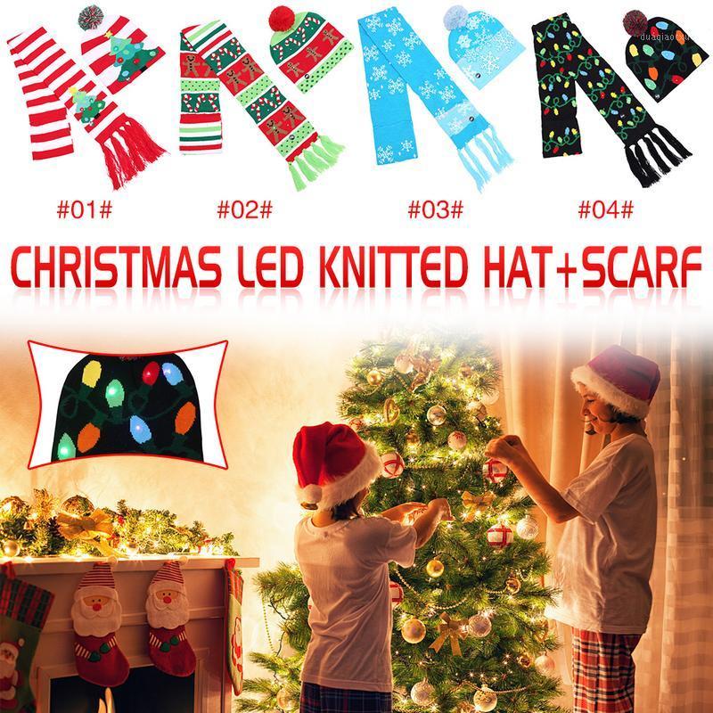 

Christmas Ornaments party Santa Hats scarf Boys Girls Cap color Christmas Halloween LED light knit hat Party Props1
