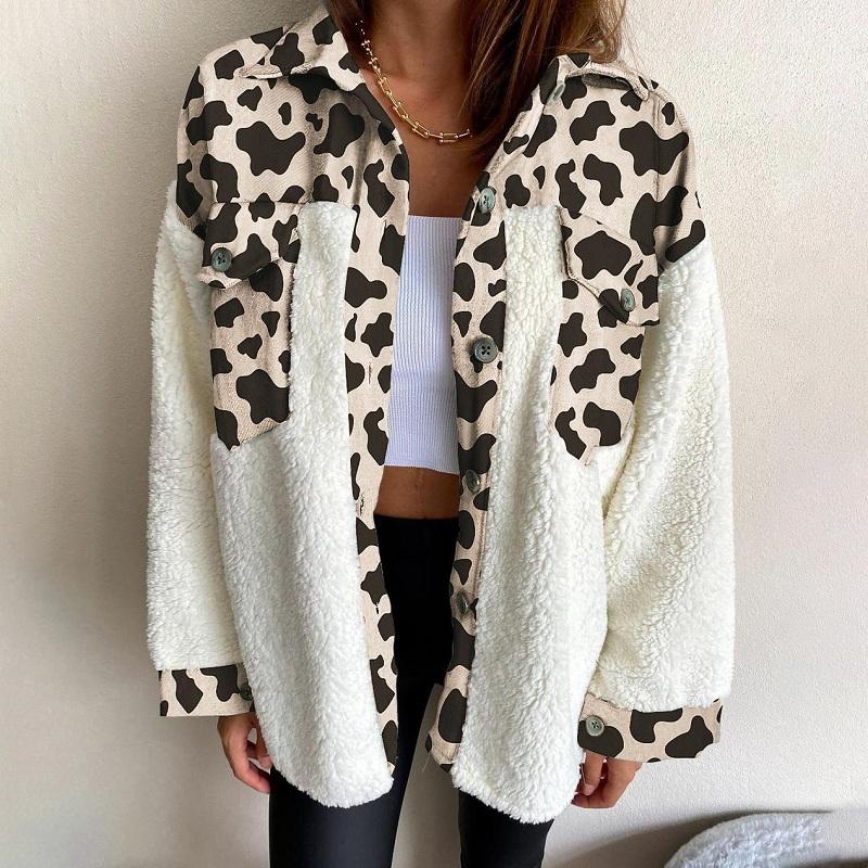 

Plush Coat Leopard Print Stitching Winter Outerwear Single-breasted Button Vintage Jacket Long-sleeved Lapel Female Clothing Top, Blue