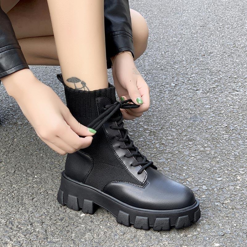 

Women Army Combat Ankle Boots Woman Shoes Casual Lace Up Gothic Black Sock Platform Leather Boots Fashion Botas Mujer 2020 New1