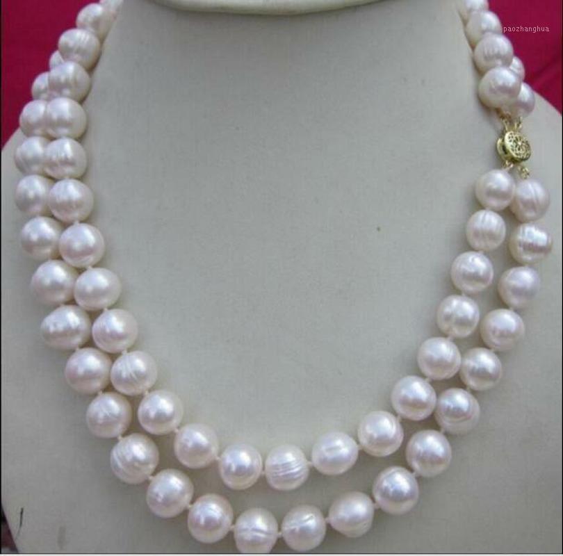 

Double Strands +9-10mm Natural South Sea White Pearl Necklace 17-18" Chains, Silver