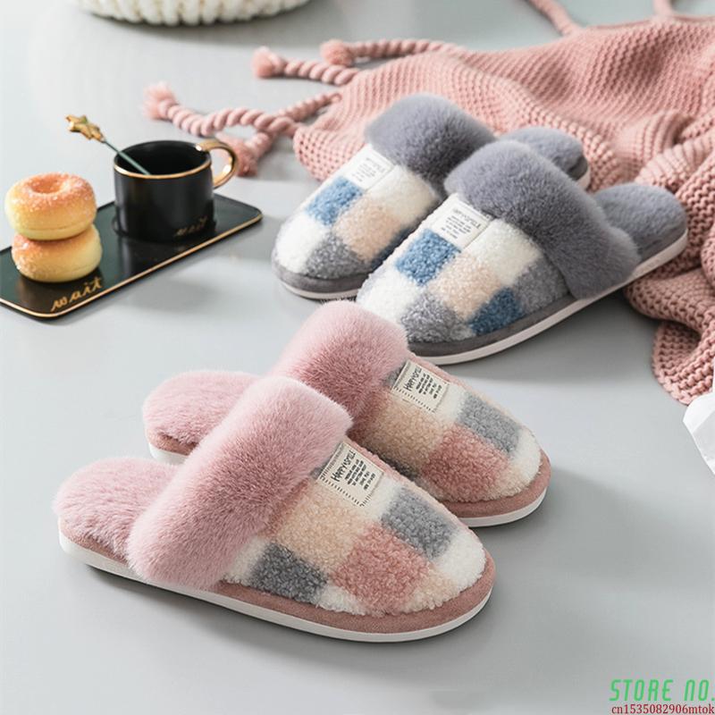 

Winter New Lattice Indoor Furry Slippers For Women Warm Plush Bedroom Flat Couples Shoes Comfortable House Ladies Fur Slippers, Yellow