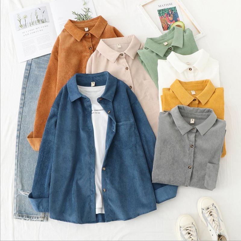 

Spring Corduroy Shirts Women Solid Color Long Sleeve Tops And Blouses Ladies Boyfriend Style korean Street Loose outerwear 2020, Camel