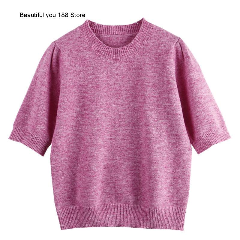 

Super white alpaca wool blended fragrant taro purple short sleeve sweater women' T-shirt spring 2021 new short sleeve women, Xiang yu zi