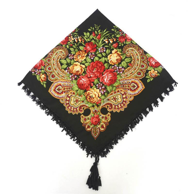 

90*90cm Russian Shawl Women Cotton Print National Scarf Retro Fringed Russian Scarves Bandana Wraps Ladies Winter