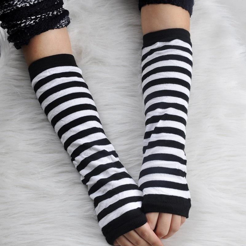 

Women Winter Striped Wrist Arm Hand Warmer Knitted Long Fingerless Gloves Mitten Arm Warmers