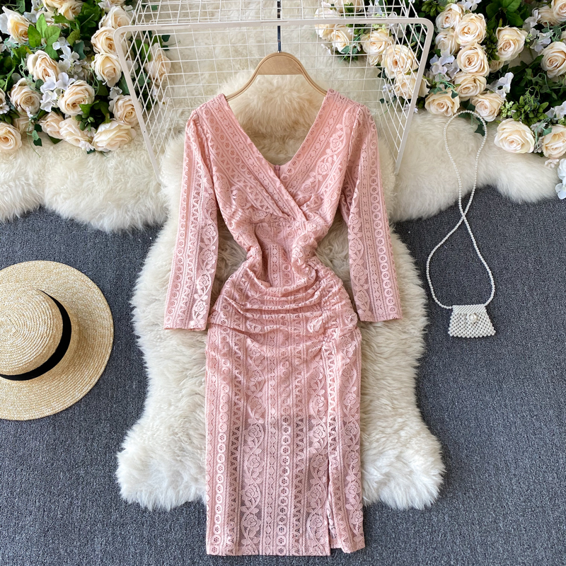 

2021 New Singiny feminine floral bow long pencil spring fall office dress DSKL, Pink
