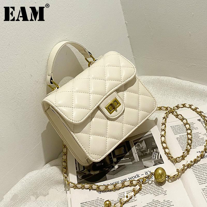 

[EAM] Women New Square Chains Argyle PU Leather Flap Personality All-match Crossbody Shoulder Bag Fashion Tide 2021 18A1221, Black