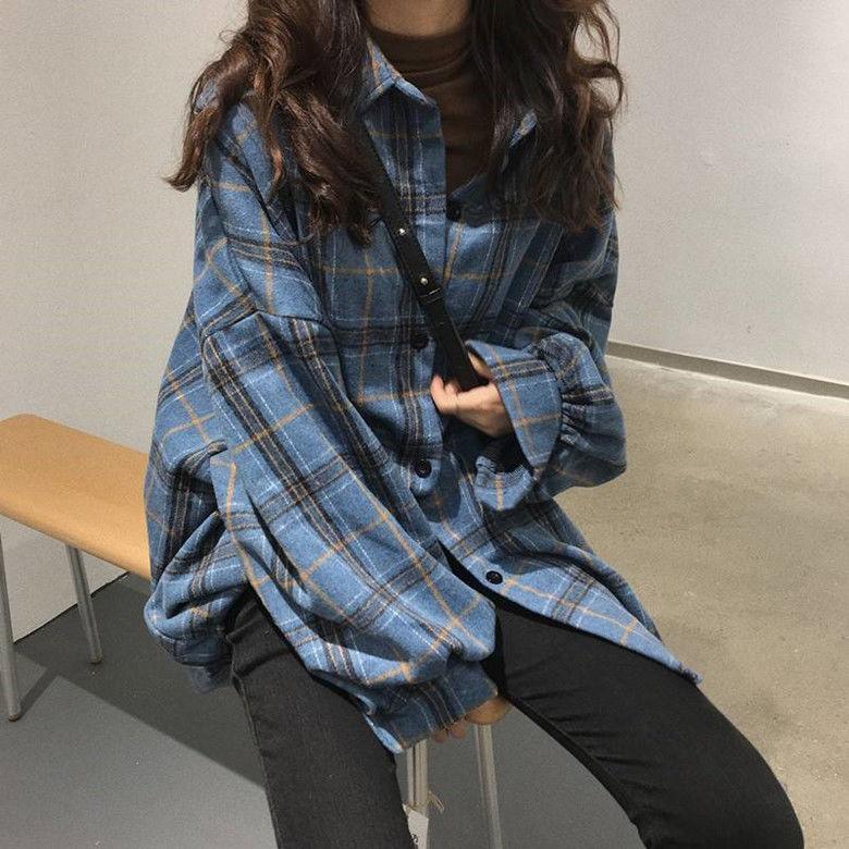 

Korean Style Oversized Plaid Shirts Blouse Women Autumn Cotton Blouse Long Sleeve Plus Size Blouses 2020 Button Up Shirt Blusas, Blue