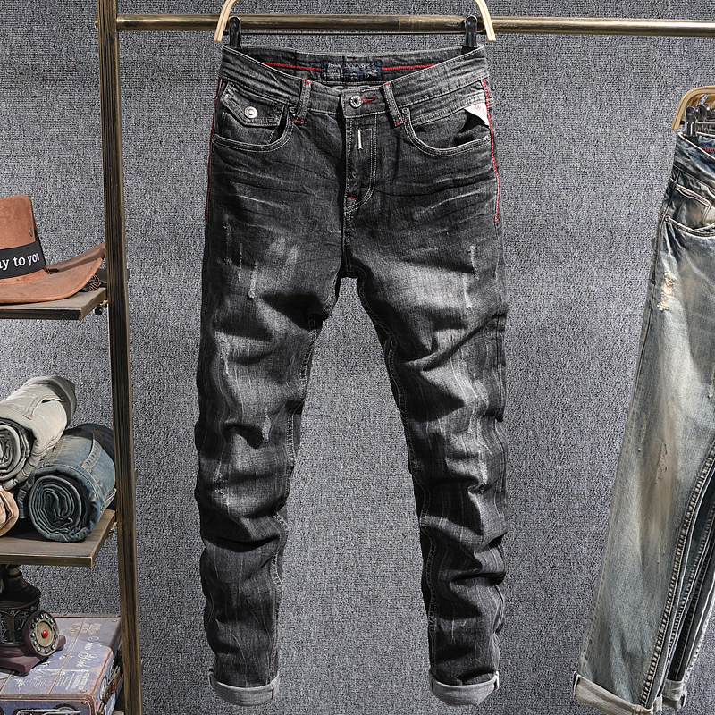 

2021 New Italian Style Fashion Men Retro Gray Slim Fit Elastic Ripped Jeans Autumn Streetwear Vintage Designer Denim Long Pants Man Dflb