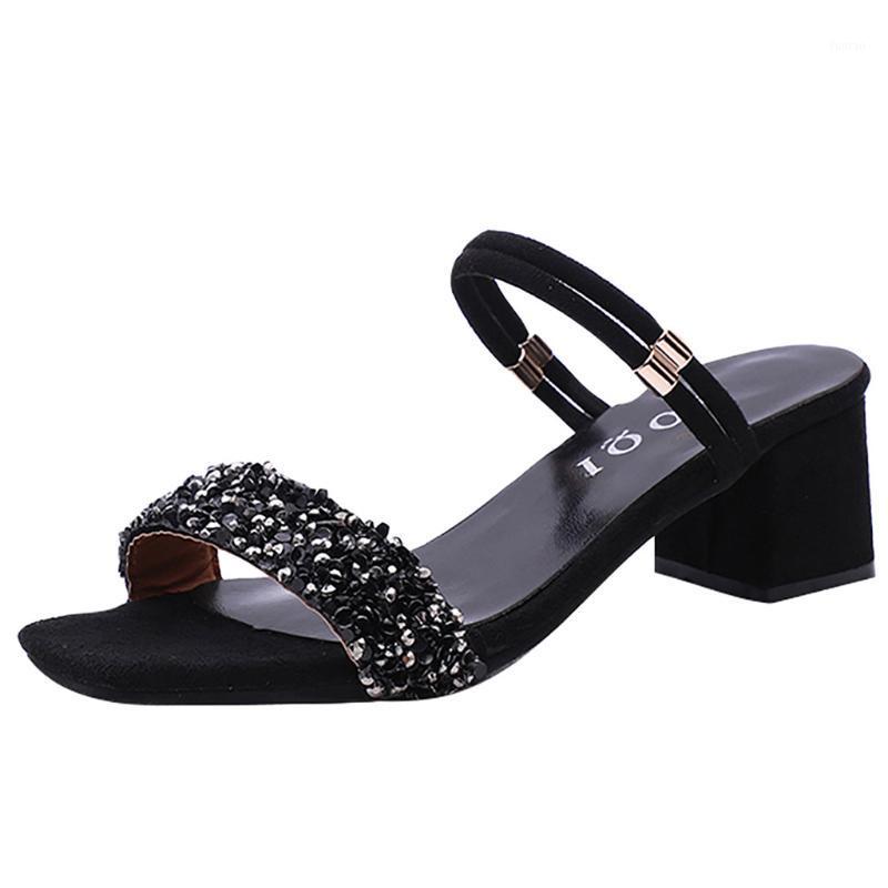 

Sagace Women Sandals Summer Fashion Casual All-match Two-wear Sequined Ladies Sandals Elegant Square Heel Party Slippers1, Brown