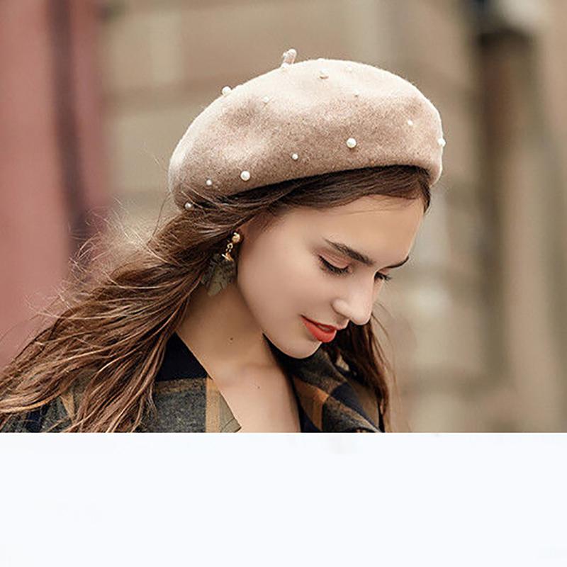 

New Women's French Beret Wool Felt Pearl Berets Hat Newsboy Cap Ladies Hats Girls Lovely Gifts Winter Warm Fashion Hot Sale 2020, Black
