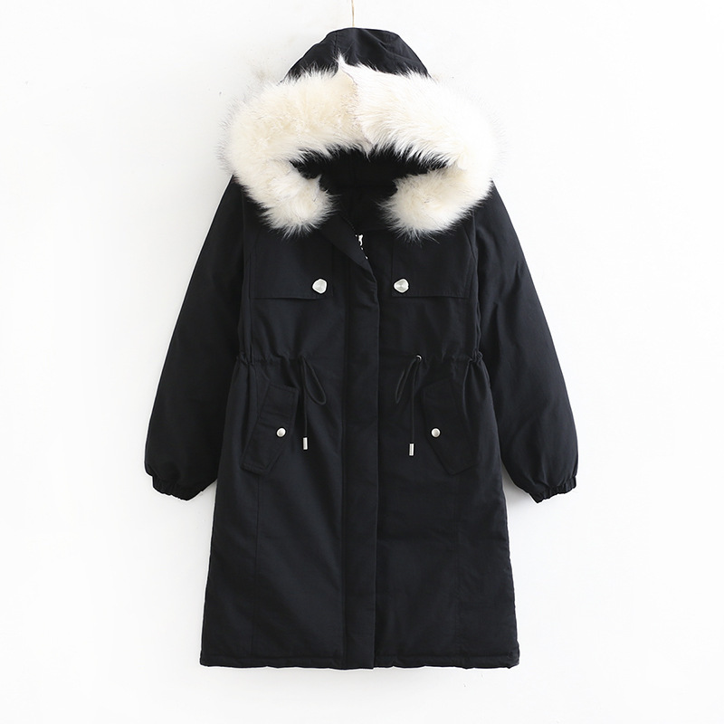 

Loose Size More Cotton Quilted Long Warm Thicken with Hood Outerwear Feminine Fashion Big Fur Collar Parkas Female Winter Jacket 1mhs, Black