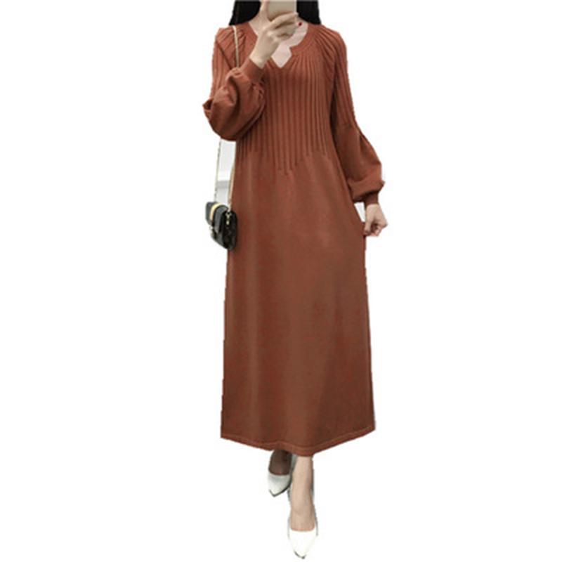 

Autumn Style Women' Dress V-Neck Solid Color Long Sleeve Knitted Lantern Sleeve Women' Loose Dress, Style4