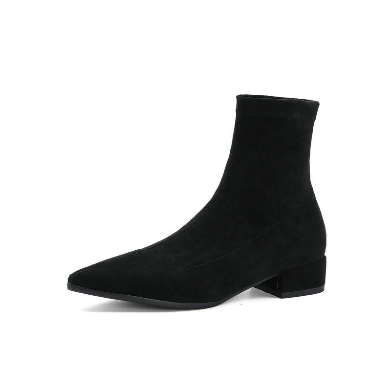 

2021 New Ankle Autumn Winter Square High Heel Slip on Women Shoes Pointed Toe Flock Casual Party Short Boots Size 34-43 N9oo, Beige