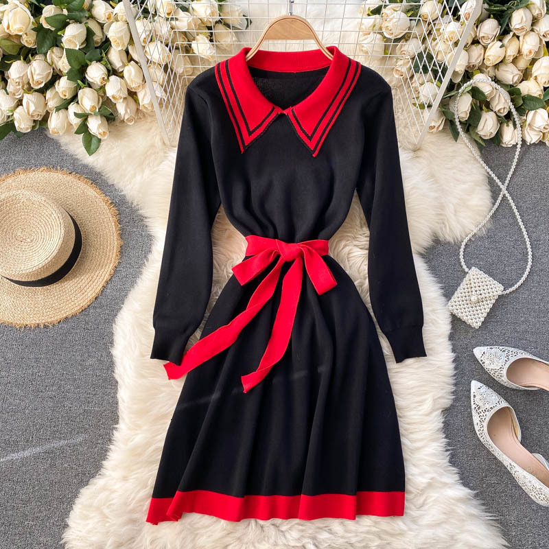 

2021 New Female singiny dressed in knitting retro collar long line autumn fashion short dress sweater VJT0, Black