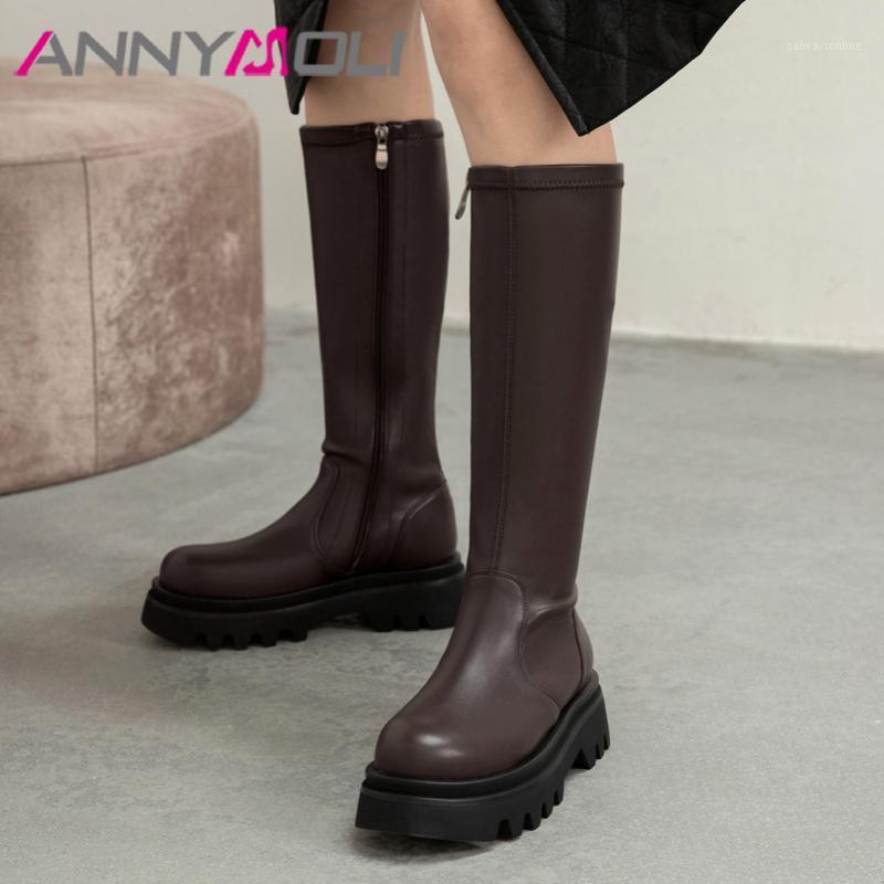 

ANNYMOLI Real Leather Platform Thick Heels Stretch Boots Women Knee High Boots Shoes Round Toe High Heel Zip Long Brown 401, Black synthetic lin