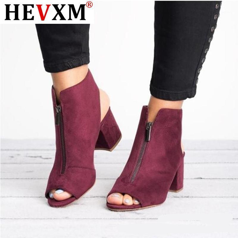 

Ankle Boots Faux Suede Leather Casual Open Peep Toe High Heels Zipper Fashion Square Rubber Black Shoes For Women Size 34-431